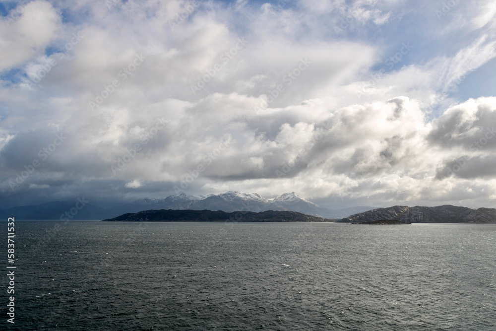View of the mountainous coastline in the Straits of Magellan in southern Chile