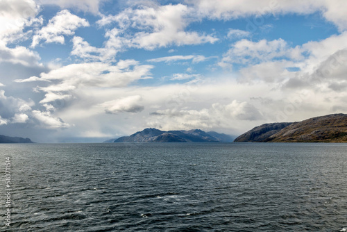 View of the mountainous coastline in the Straits of Magellan in southern Chile