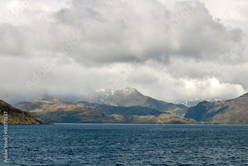 Mountain scene from the water in the Straits of Magellan in southern Chile