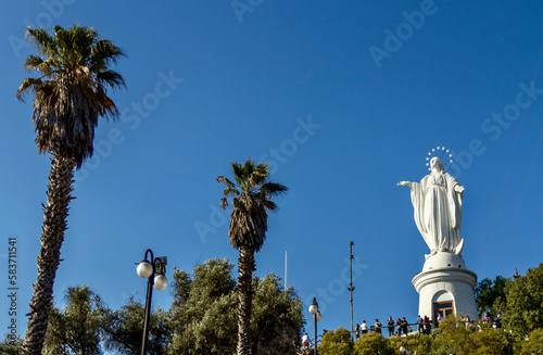 Statue of the Virgin Mary atop San Cristobal Hill in Santiago Chile