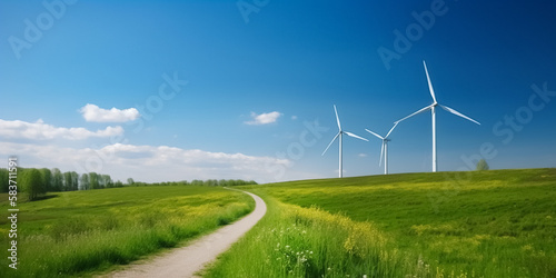 wind turbine park in green meadow against blue sky, clean renewable and sustainable energy. banner with copy space. generative AI