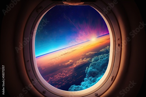 Beautiful view of the sky from the airplane window. Clouds and sunset. Generative AI