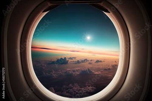 Beautiful view of the sky from the airplane window. Clouds and sunset. Generative AI