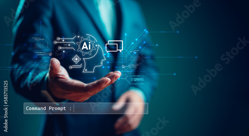 Ai technology, Artificial Intelligence. Man using technology smart robot AI, artificial intelligence by enter command prompt for generates something, Futuristic technology transformation. Chat with AI photo