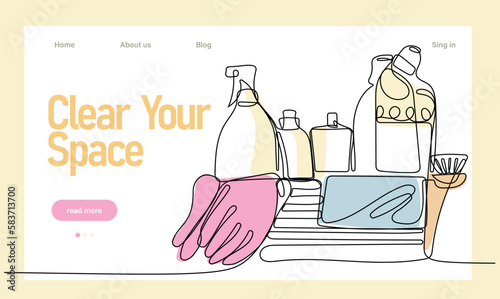 Home cleaning service landing page design concept, illustration of janitors with cleaning tools. Vector illustration