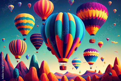 Colorful hot air balloons festival floating with clear blue sky background. Hobbies and leisure concept. Digital art illustration. Generative AI © Virtual Art Studio