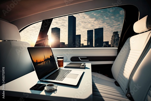 Modern luxury autonomous futuristic car interior with white seats and table with laptop. Generative AI