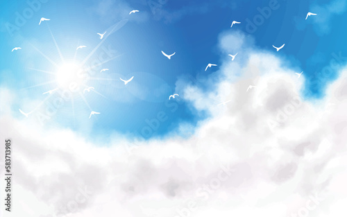 入道雲と輝く太陽と羽ばたく鳥