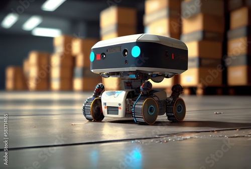 Robot AGV transporting cardboard box in warehouse background. Technology innovation and delivery concept. Generative AI