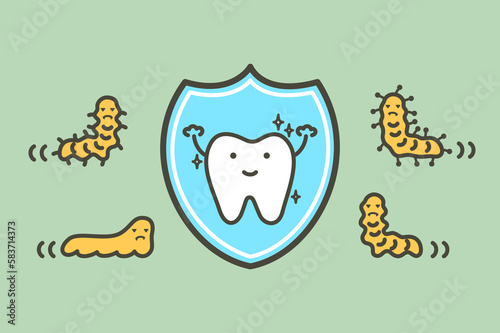 Healthy tooth by protection bacteria, microbe or virus by shield - dental cartoon vector flat style