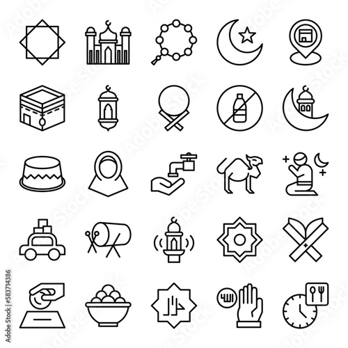 Ramadan (25) icons set in outline style. The collection includes web design, application design, UI design, during Ramadan, Eid, and others.