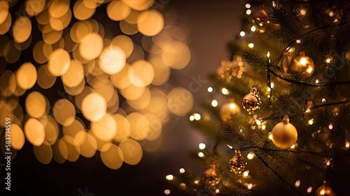 A Christmas tree illuminated by golden ornaments and unfocused lights in a night sky