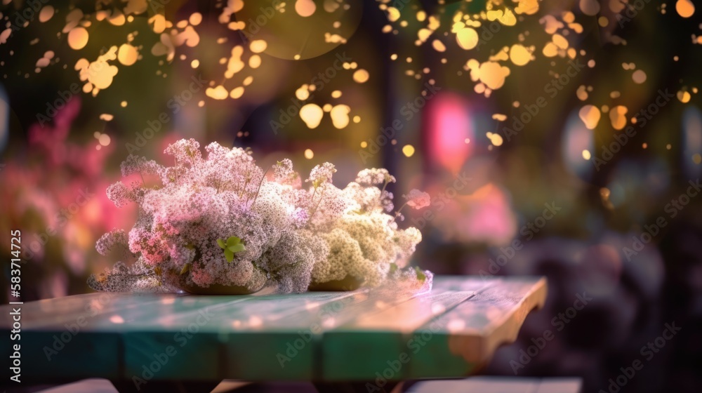 A garden table surrounded by blooming flowers and illuminated by abstract unfocussed lights.