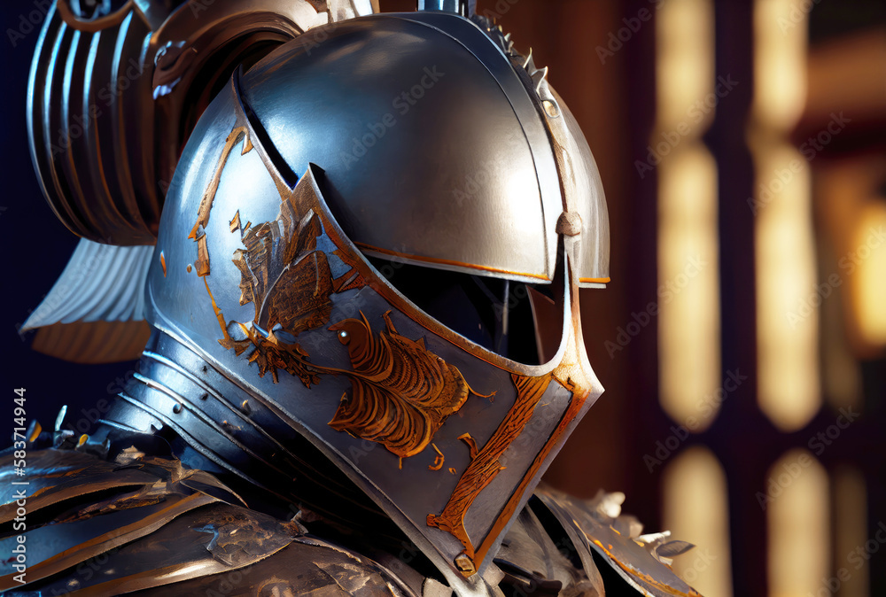 Closeup of knight headshot helm in armor standing guard of the palace background. Medieval and Crusades war concept. Generative AI
