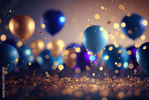 Blue and gold balloons for New Year party celebration with confetti background.