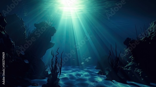 A deep underwater abyss illuminated by a blue sun