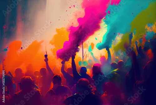 Hindu people with colorful starch powder in Holi festival or festival of colors. Generative AI