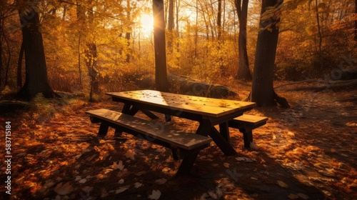 A spooky forest table illuminated by sunset, surrounded by red autumn leaves