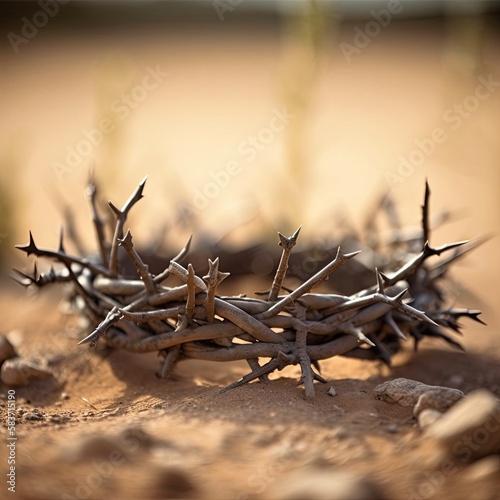 Tableau sur toile A close-up of a crown of thorns on arid ground with a unfocused background