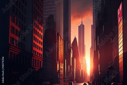 Beautiful cityscape view with sunlight in the sunset background. Downtown and tourism concept. Generative AI
