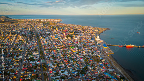 Aerial Drone Fly Above City of Punta Arenas Chile, Panoramic Cityscape in Summer Clear Sky, Ocean, Beautiful Port Town in Patagonia