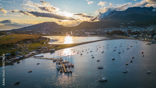 Ushuaia City Argentina Aerial View Patagonian Mountains Seascape, Town in Dreamy Picturesque Atmosphere, South American Travel Destination