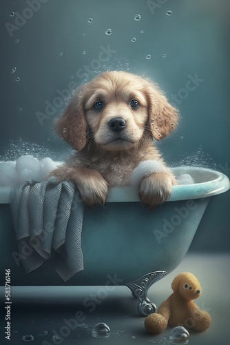 Adorable Puppy Splashing in a Bathtub © Jardel Bassi