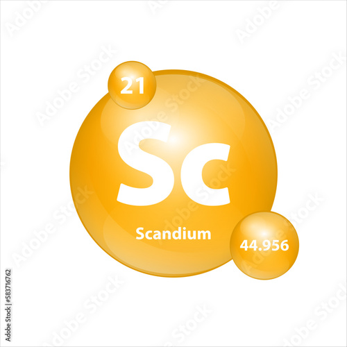Scandium (Sc) icon structure chemical element round shape circle yellow dark. Chemical element of periodic table Sign with atomic number. Study in science for education. 3D Illustration vector.	