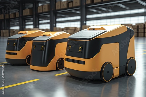 Automated retail warehouse with robots efficiently sorting parcels (Automated guided vehicle - AGV). Generative AI