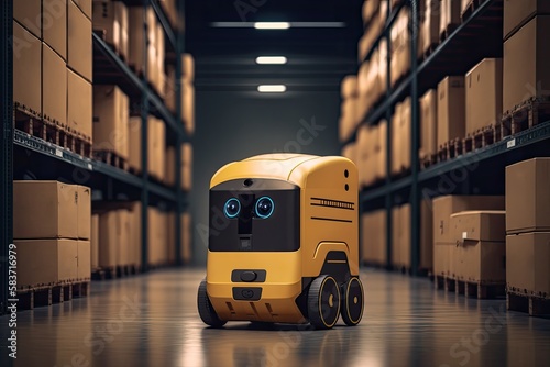 Automated retail warehouse with robots efficiently sorting parcels (Automated guided vehicle - AGV). Generative AI