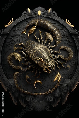 the image of the portrait of scorpio, the zodiac sign, gold and black, decorated with Gothic lace and precious stones, a fantasy generated by artificial intelligence © Andrei
