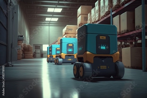 Army of robots in a large warehouse with boxes on the shelves. Generative AI