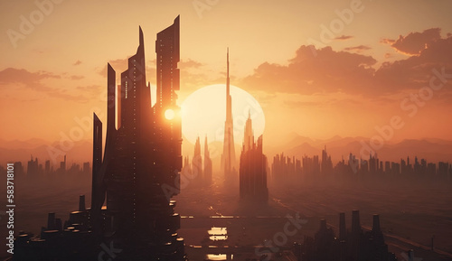 A futuristic cityscape at sunset photo