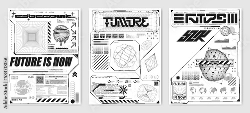 Techno poster template in cyberpunk style. Retrofuturistic mockups posters set with 3D elements, HUD interface, portal, round shapes with liquid and glitch style. Cyberpunk concept. Vector graphic set