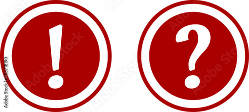 Red and White Warning and Info Flat Round Icon Set with Exclamation Mark and Question Mark Symbol. Vector Image.	