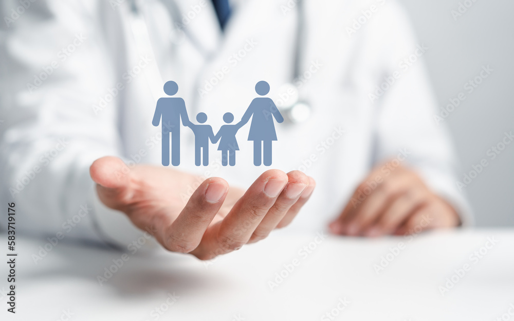 Doctor in uniform with stethoscope hand protection family virtual icon.health care insurance and assurance concept . Doctor in uniform with stethoscope hand protection family virtual icon.health care insurance and assurance concept .