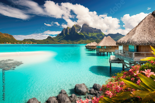A peaceful and tranquil lagoon in Bora Bora, French Polynesia, with crystal-clea Fototapet