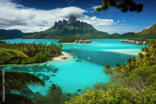 A peaceful and tranquil lagoon in Bora Bora, French Polynesia, with crystal-clear waters and overwater bungalows dotting the shoreline - Generative AI