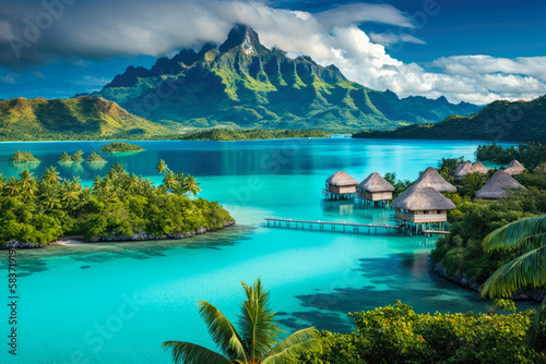 Obraz na płótnie A peaceful and tranquil lagoon in Bora Bora, French Polynesia, with crystal-clea