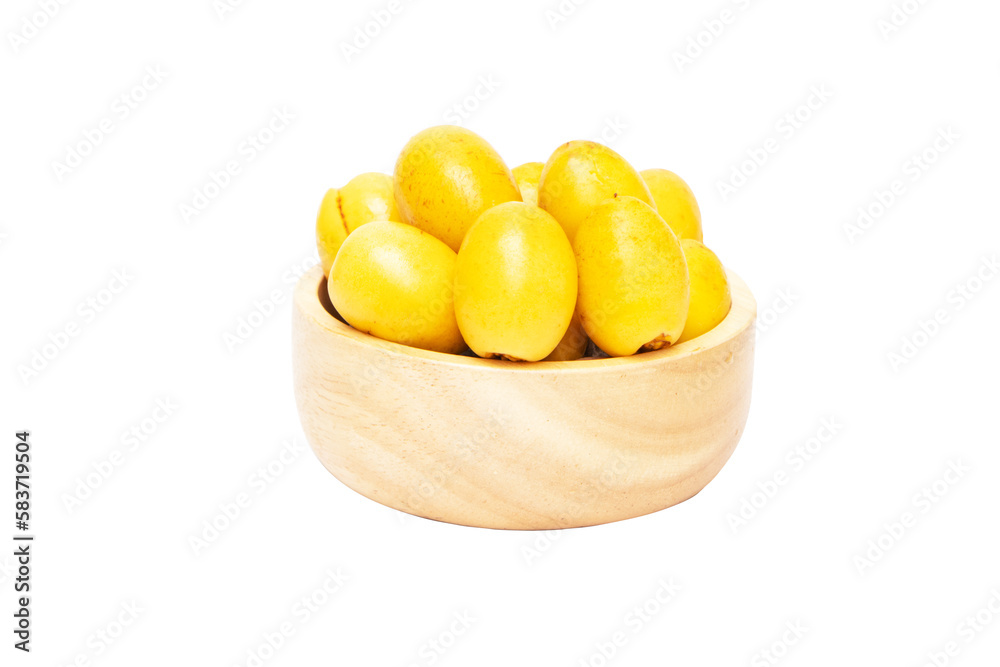 Fresh date fruit yellow gold undried on cup wood (Phoenix dactylifera L. sylvestris) The taste is sweet, crispy, delicious. is becoming popular. Isolated on cutout PNG. Fresh date fruit yellow gold undried on cup wood (Phoenix dactylifera L. sylvestris) The taste is sweet, crispy, delicious. is becoming popular. Isolated on cutout PNG.