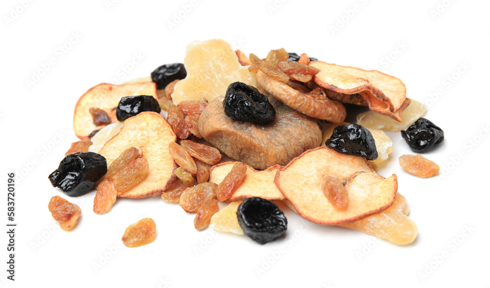 Pile of different tasty dried fruits on white background Pile of different tasty dried fruits on white background