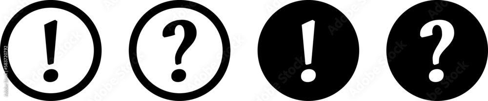Black and White Warning and Info Flat Round Icon Set with Exclamation Mark and Question Mark Symbol. Vector Image. - obrazy, fototapety, plakaty 