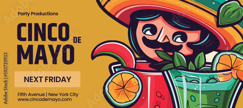 cinco de mayo banner, mexican party, man with mustache with mexican style