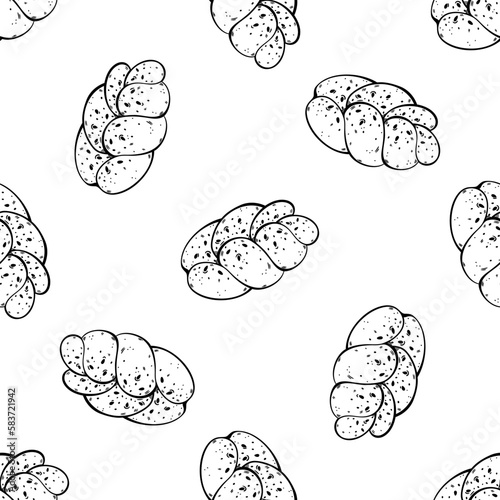 Challah seamless vector pattern. Unleavened Jewish bread, holiday pastries for Shabbat. Fresh egg bun with sesame seeds. Food sketch, line art. Background for menu design, wallpaper, wrapping paper