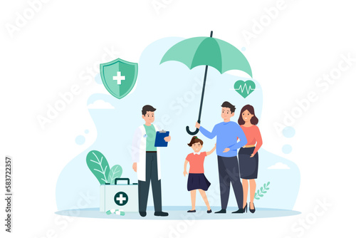 Family health care and life insurance concept. Doctor and family people medical exam holding umbrella with shield protection icon. Vector illustration