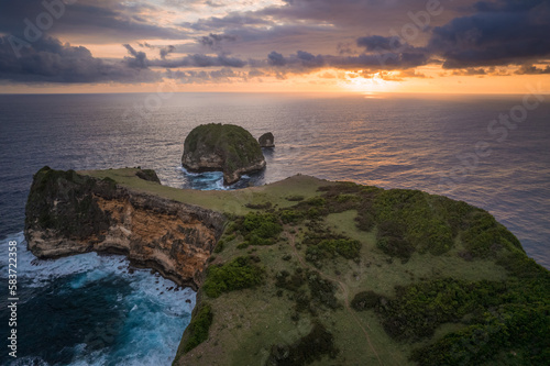 Sunset aerial view of Mandalika bay in Lombok island, Indonesian photo