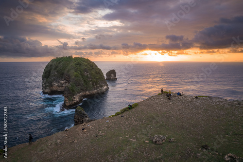 Sunset aerial view of Mandalika bay in Lombok island, Indonesian photo