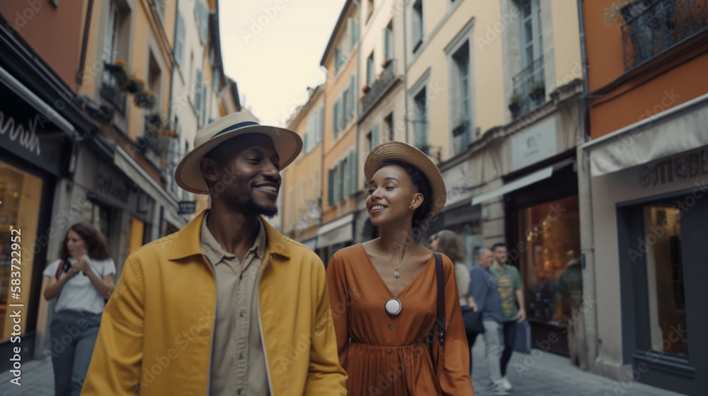 Vacationing Attractive Young African American Couple Walking Through the Streets of Europe - Generative AI.
