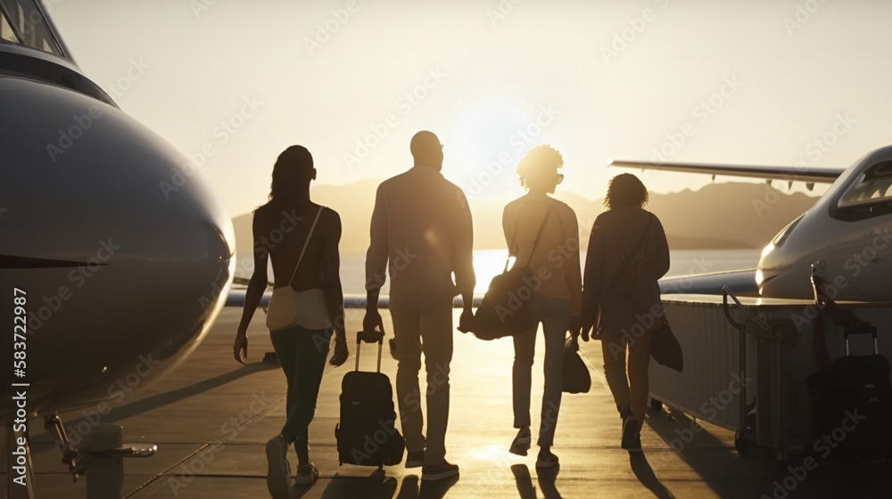 Successful Young African American Family Walking with Luggage to Their Private Executive Luxury Jet - Generatvie AI. Successful Young African American Family Walking with Luggage to Their Private Executive Luxury Jet - Generatvie AI.