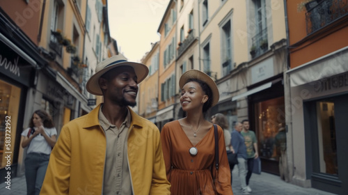 Vacationing Attractive Young African American Couple Walking Through the Streets of Europe - Generative AI. © Andy Dean